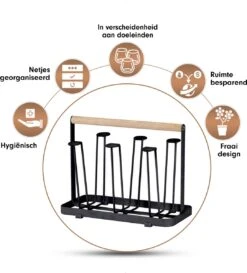 Flessenrek - Droogrek Babyfles - Flessen Rek Baby - Flessendroogrek - Afdruiprek - Afwasrek - Flessenrekje - Lekbak - Égouttoir - Zwart Met Houten Handvat - Vetalo -Zuigelingenvoeding 1085x1200