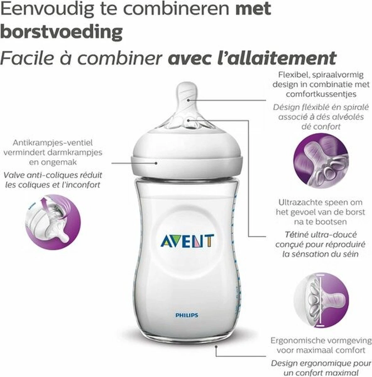 Philips Avent Natural Babyfles - SCF070/20 Babyfles (1m+) Voor Langzame Toevoer - 1x 4 Philips Avent Natural Babyfles - SCF070/20 Babyfles (1m+) Voor Langzame Toevoer - 1x - Afbeelding 2