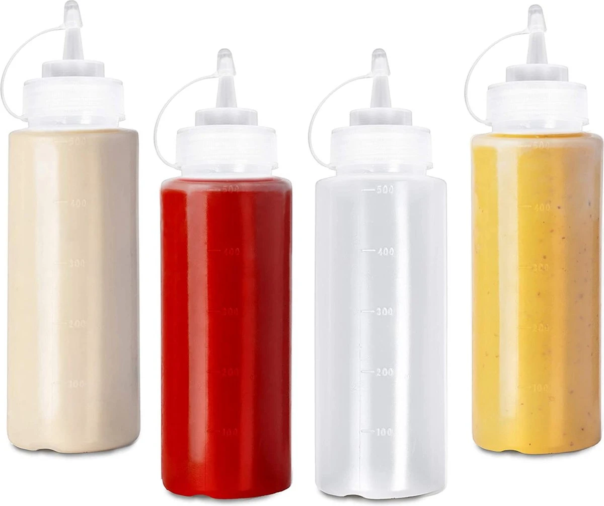 4 Stuks Knijpflessen Met Dop (500ml) - Sausdispenser Voor Ketchup, Sauzen, Olie, Dressings - Geen Lekkage, BPA-vrij 3 4 Stuks Knijpflessen Met Dop (500ml) - Sausdispenser Voor Ketchup, Sauzen, Olie, Dressings - Geen Lekkage, BPA-vrij