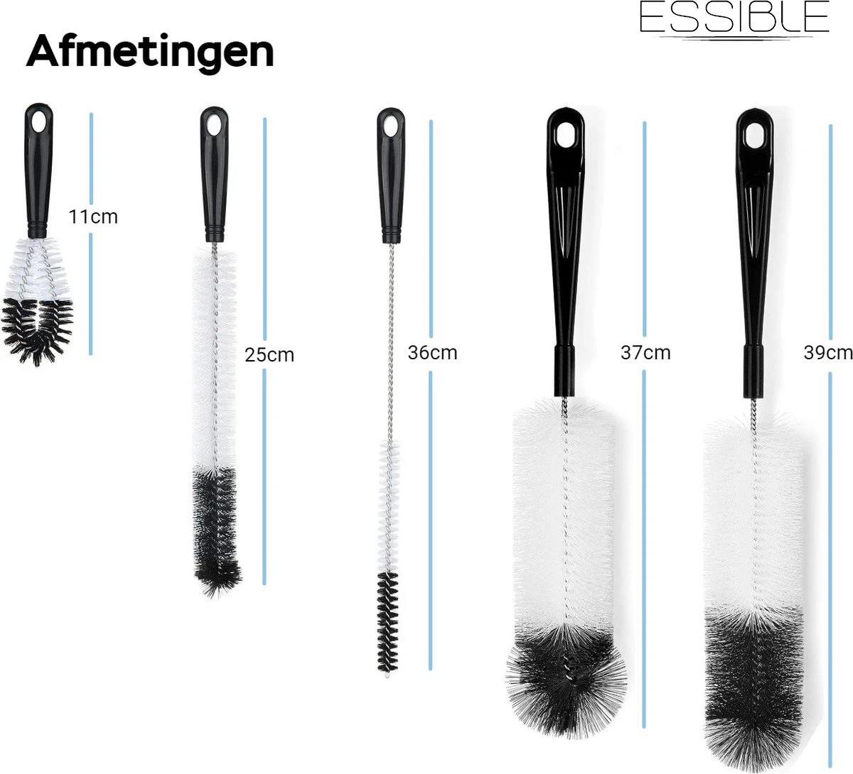 ESSIBLE Flessenborstel - Flessenrager - Schoonmaakborstel - Flessenreiniger - 5 Stuks - Kras- En BPA Vrij - Geschikt Voor Alle Oppervlakken - Zwart 8 ESSIBLE Flessenborstel - Flessenrager - Schoonmaakborstel - Flessenreiniger - 5 Stuks - Kras- En BPA Vrij - Geschikt Voor Alle Oppervlakken - Zwart - Afbeelding 6