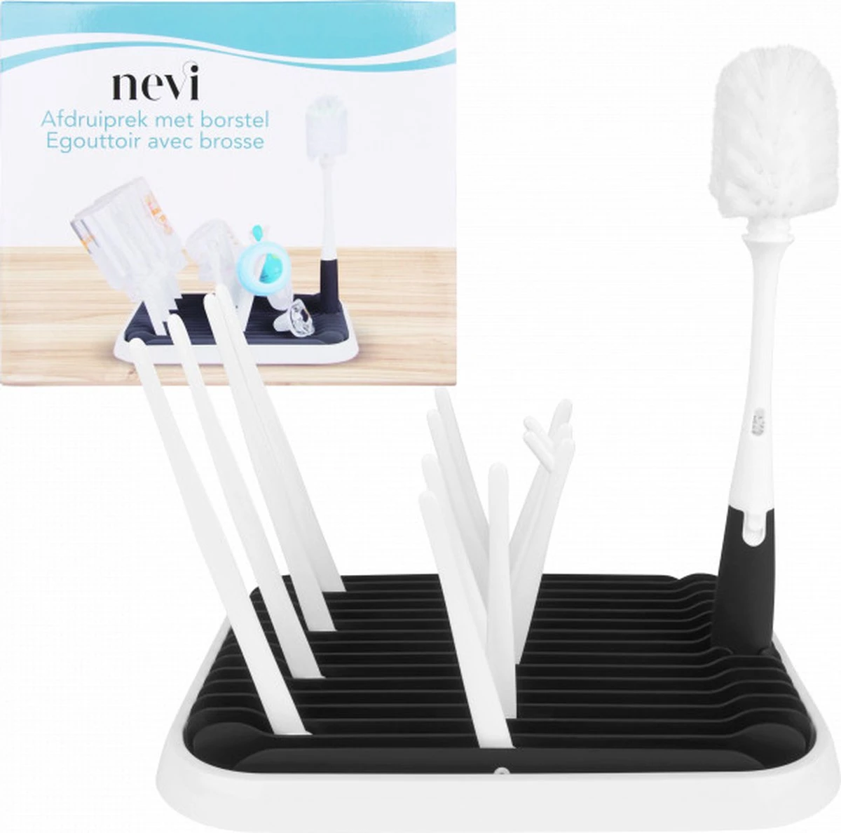 Nevi Afdruiprek Met Lekbak - Afdruipmat Voor 10 Flessen - Opvouwbaar Droogrek Babyfles - Inclusief Afwasborstel 3 Nevi Afdruiprek Met Lekbak - Afdruipmat Voor 10 Flessen - Opvouwbaar Droogrek Babyfles - Inclusief Afwasborstel
