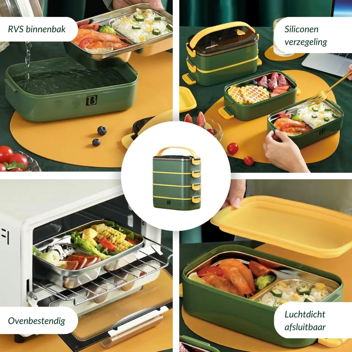 Buxibo - Multifunctionele Stapelbare Lunch Box - Bento Box - Lekvrije Voedsel Container Met Handvat - 4-Laags - Anti - Overflow - Geïsoleerde Maaltijd Box Voor Werk/Kantoor/School - Roestvrijstaal - Groen - 2800ML 6 Buxibo - Multifunctionele Stapelbare Lunch Box - Bento Box - Lekvrije Voedsel Container Met Handvat - 4-Laags - Anti - Overflow - Geïsoleerde Maaltijd Box Voor Werk/Kantoor/School - Roestvrijstaal - Groen - 2800ML - Afbeelding 4