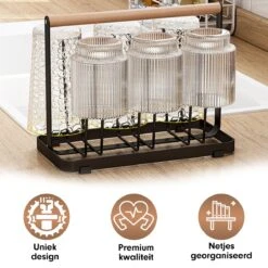 Flessenrek - Droogrek Babyfles - Flessen Rek Baby - Flessendroogrek - Afdruiprek - Afwasrek - Flessenrekje - Lekbak - Égouttoir - Zwart Met Houten Handvat - Vetalo -Zuigelingenvoeding 1200x1200 300