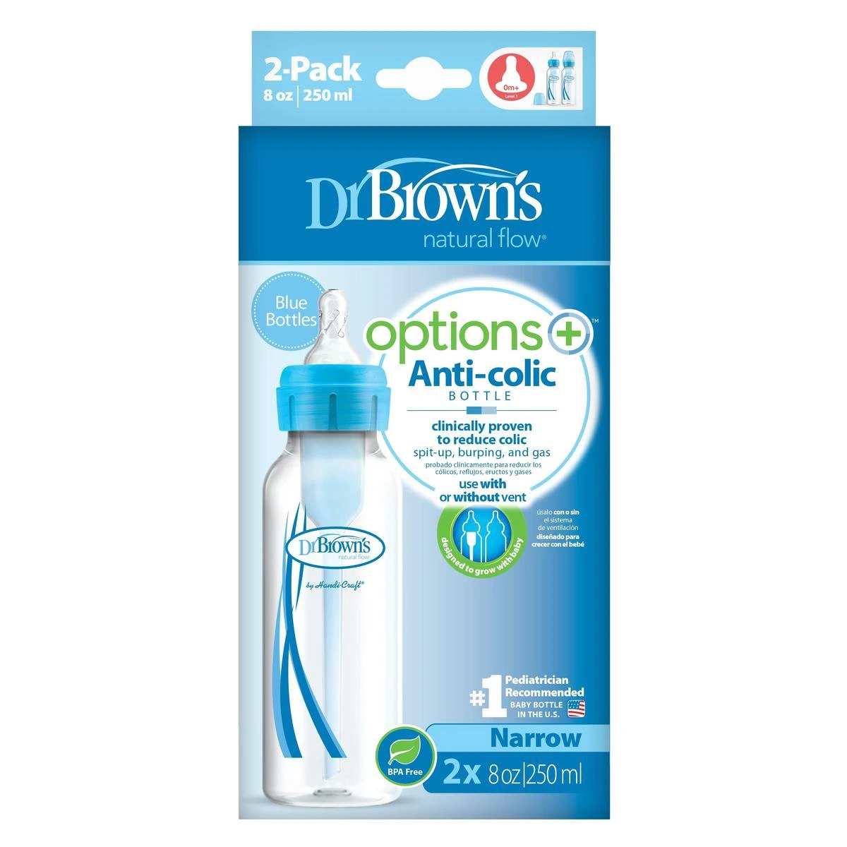 Dr. Brown's Options+ Anti-colic Standaard Fles - 250 Ml - Blauw - Duopack 4 Dr. Brown's Options+ Anti-colic Standaard Fles - 250 Ml - Blauw - Duopack - Afbeelding 2