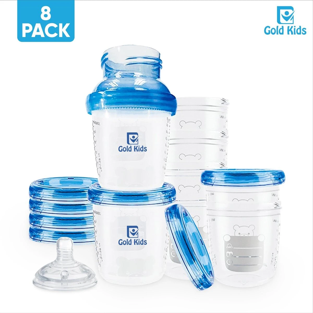 Gold Kids Moedermelk Bewaarbekers Voor Babyvoeding – Compleet Pakket Inclusief Adapter En Speen - Bewaarbakjes 4 Gold Kids Moedermelk Bewaarbekers Voor Babyvoeding – Compleet Pakket Inclusief Adapter En Speen - Bewaarbakjes - Afbeelding 2