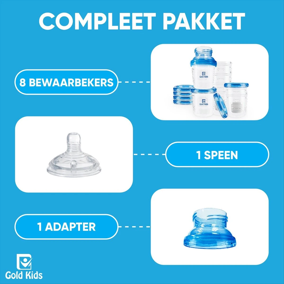 Gold Kids Moedermelk Bewaarbekers Voor Babyvoeding – Compleet Pakket Inclusief Adapter En Speen - Bewaarbakjes 8 Gold Kids Moedermelk Bewaarbekers Voor Babyvoeding – Compleet Pakket Inclusief Adapter En Speen - Bewaarbakjes - Afbeelding 6