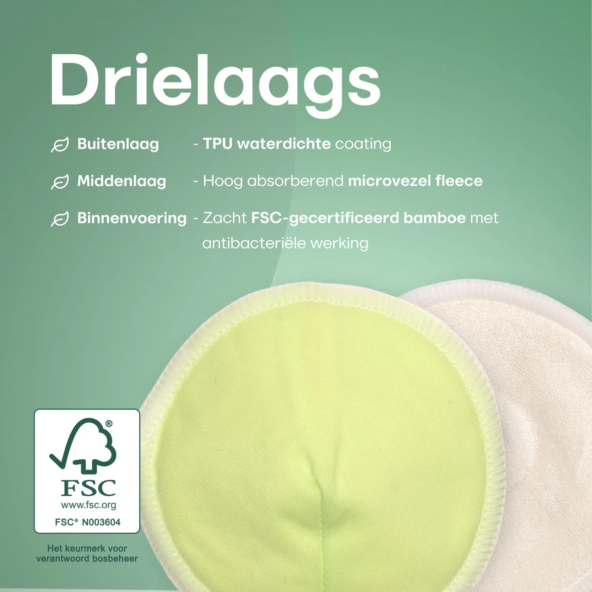 Wasbare Zoogcompressen - Cup B T/m E - Herbruikbare Borstcompressen Wasbaar - Inclusief Waszak&Opbergetui - 16 Stuks - Wit & Groen 5 Wasbare Zoogcompressen - Cup B T/m E - Herbruikbare Borstcompressen Wasbaar - Inclusief Waszak&Opbergetui - 16 Stuks - Wit & Groen - Afbeelding 3