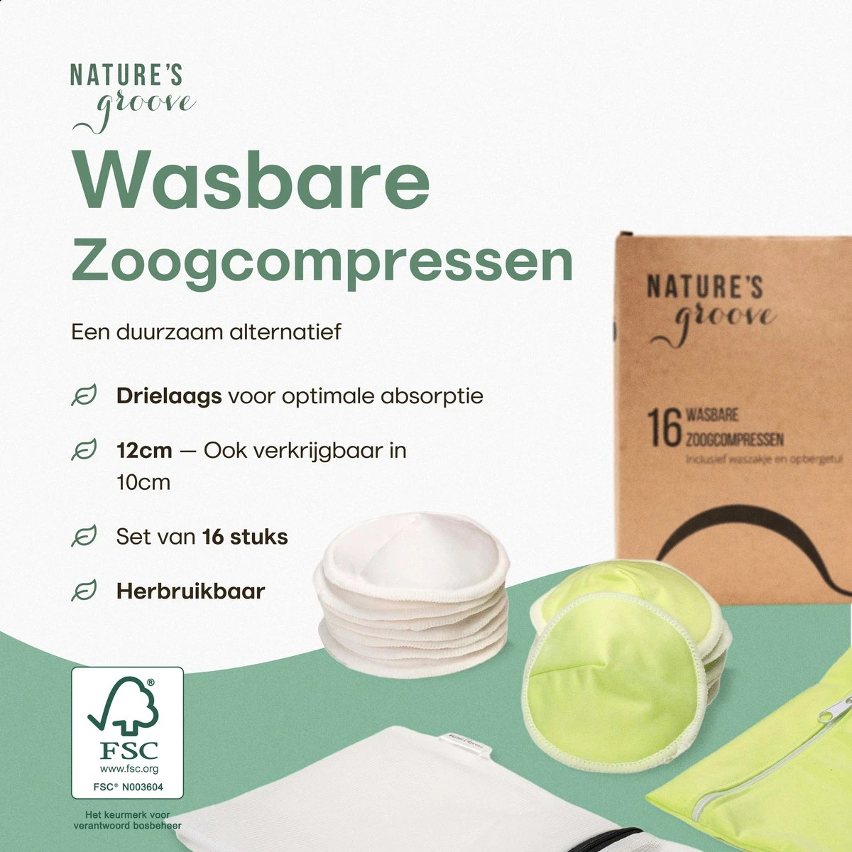 Wasbare Zoogcompressen - Cup B T/m E - Herbruikbare Borstcompressen Wasbaar - Inclusief Waszak&Opbergetui - 16 Stuks - Wit & Groen 7 Wasbare Zoogcompressen - Cup B T/m E - Herbruikbare Borstcompressen Wasbaar - Inclusief Waszak&Opbergetui - 16 Stuks - Wit & Groen - Afbeelding 5