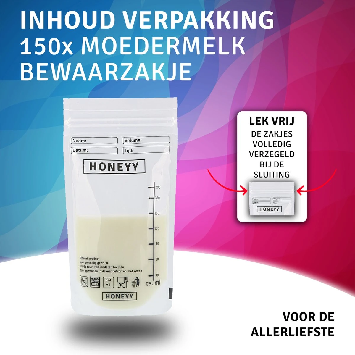Honeyy - Moedermelk Bewaarzakjes - 150 Stuks - Schenktuit - 220 Ml - Vriezer En Koelkast - Lekvrij - Dubbelwandig - BPA-vrij 5 Honeyy - Moedermelk Bewaarzakjes - 150 Stuks - Schenktuit - 220 Ml - Vriezer En Koelkast - Lekvrij - Dubbelwandig - BPA-vrij - Afbeelding 3