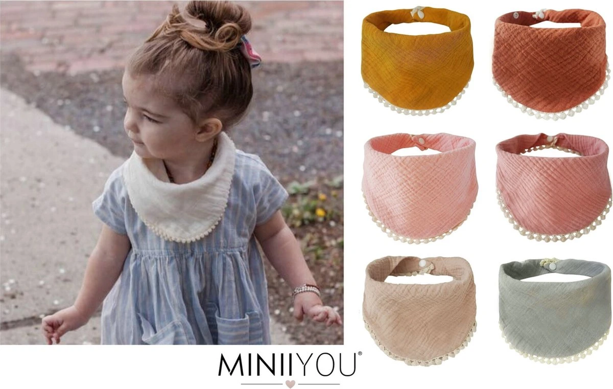 MINIIYOU - 6 Stuks - Hydrofiele Bandana Slabbetjes Meisje Franjes - Roze Geel - Beige 3 MINIIYOU - 6 Stuks - Hydrofiele Bandana Slabbetjes Meisje Franjes - Roze Geel - Beige