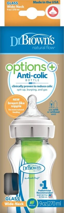 Dr. Brown's Options+ Anti-colic Botle Babyfles - Brede Halsfles Glas 270 Ml -Zuigelingenvoeding 360x1200