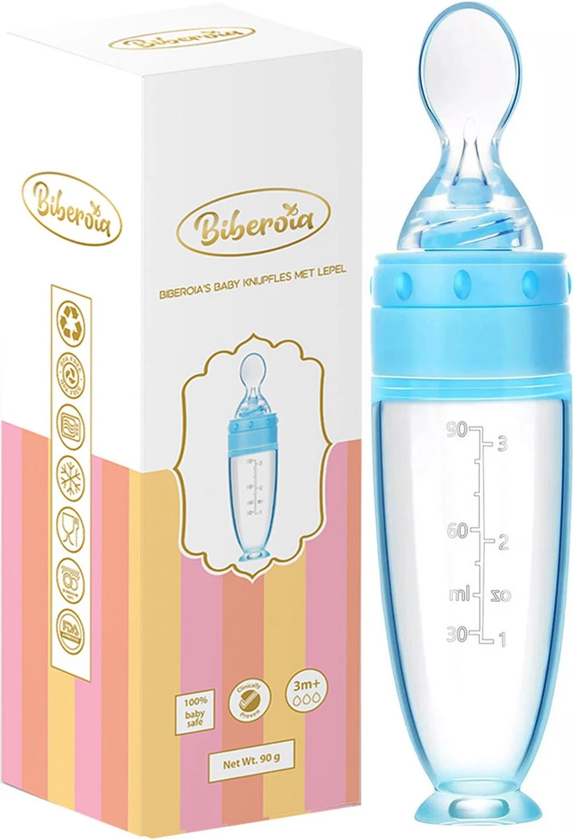 Biberoia® Knijpfles Met Lepel – Drinkfles - Baby / Kinderbestek - Kraamcadeau – Babyshower – Blauw 3 Biberoia® Knijpfles Met Lepel – Drinkfles - Baby / Kinderbestek - Kraamcadeau – Babyshower – Blauw