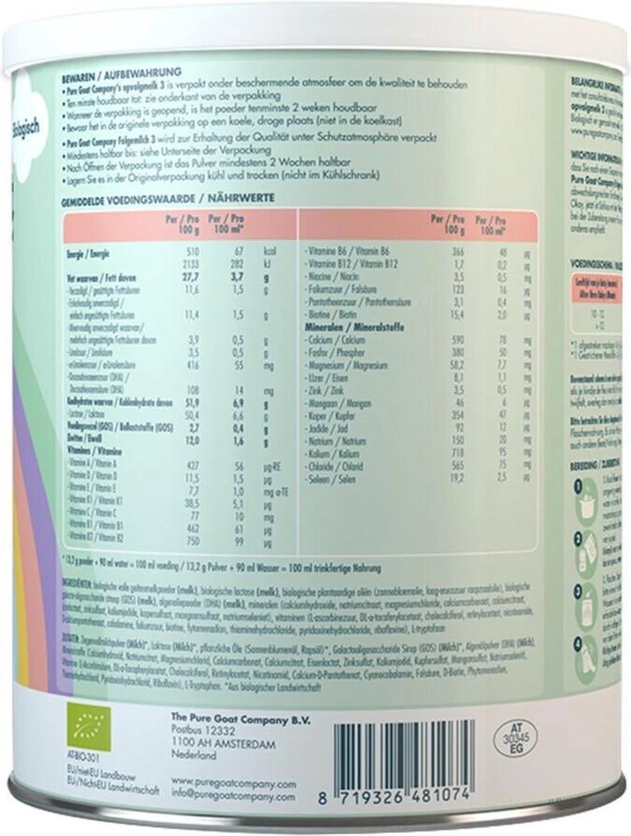 Pure Goat Company - Opvolgmelk 3 - Biologische Flesvoeding Op Basis Van Volle Geitenmelk - 800 Gram 5 Pure Goat Company - Opvolgmelk 3 - Biologische Flesvoeding Op Basis Van Volle Geitenmelk - 800 Gram - Afbeelding 3