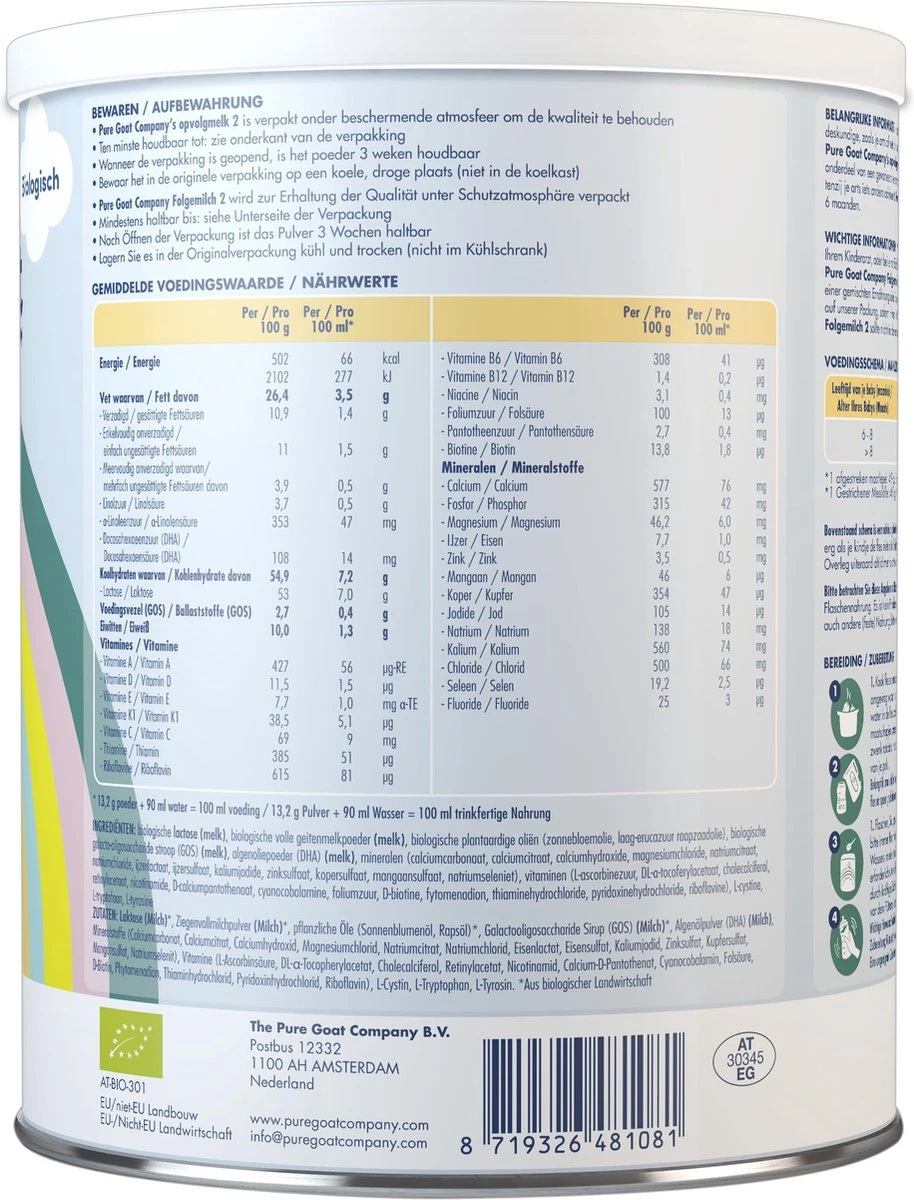 Pure Goat Company - Opvolgmelk 2 - Biologische Flesvoeding Op Basis Van Volle Geitenmelk - 800 Gram 10 Pure Goat Company - Opvolgmelk 2 - Biologische Flesvoeding Op Basis Van Volle Geitenmelk - 800 Gram - Afbeelding 8
