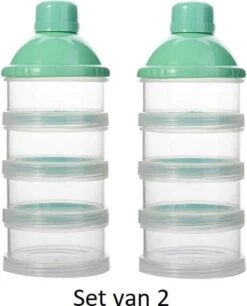 Merkloos Melkpoeder Doseerdoosje - Set Van 2 - BPA Vrij - Groen - 4 Lagen -Melkpoeder Toren - Babypoeder Bewaarbakje - Reisbox - Dispenser - Poedertoren